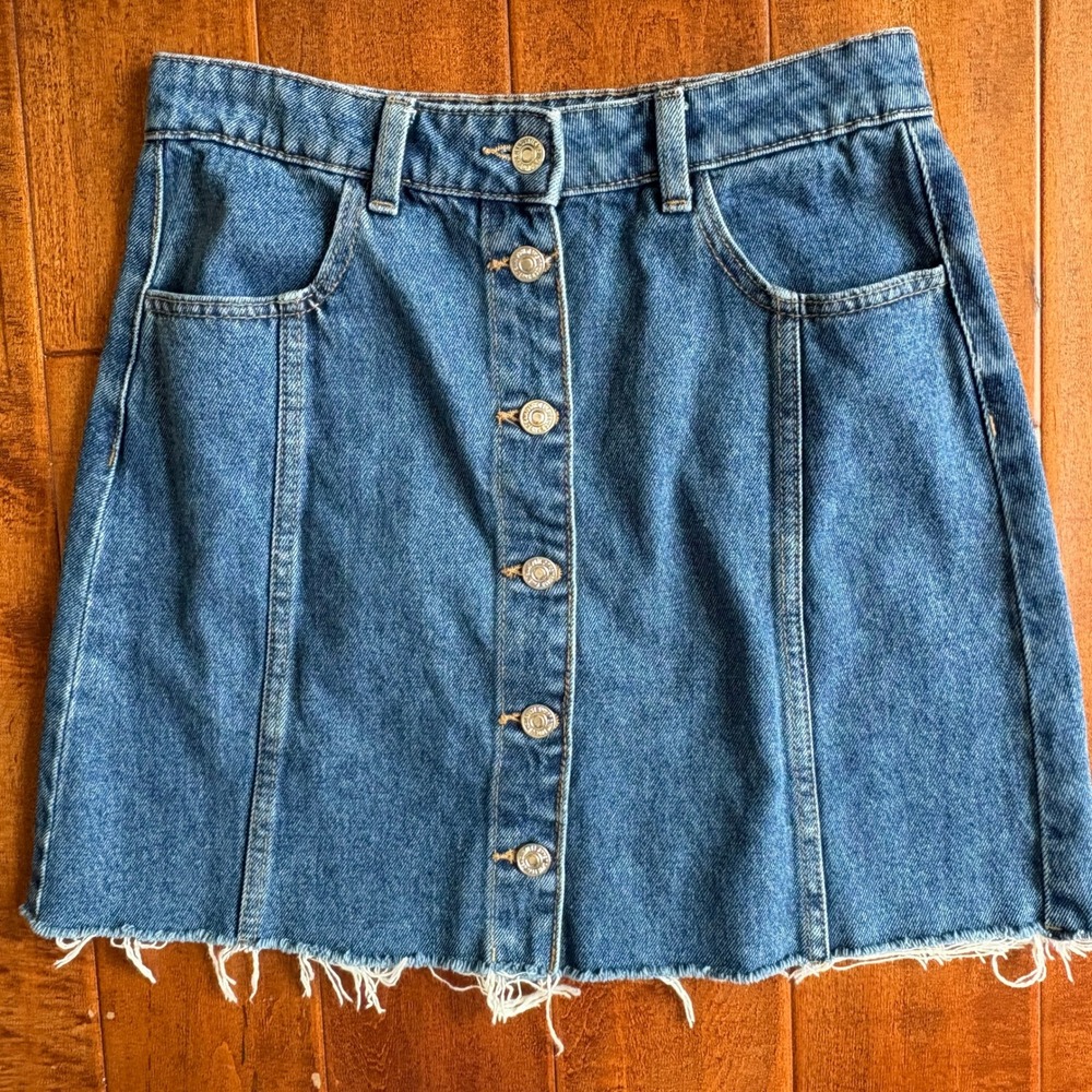 Mango Vicky Button Front Raw Hem‎ Mini Skirt Women XS Blue